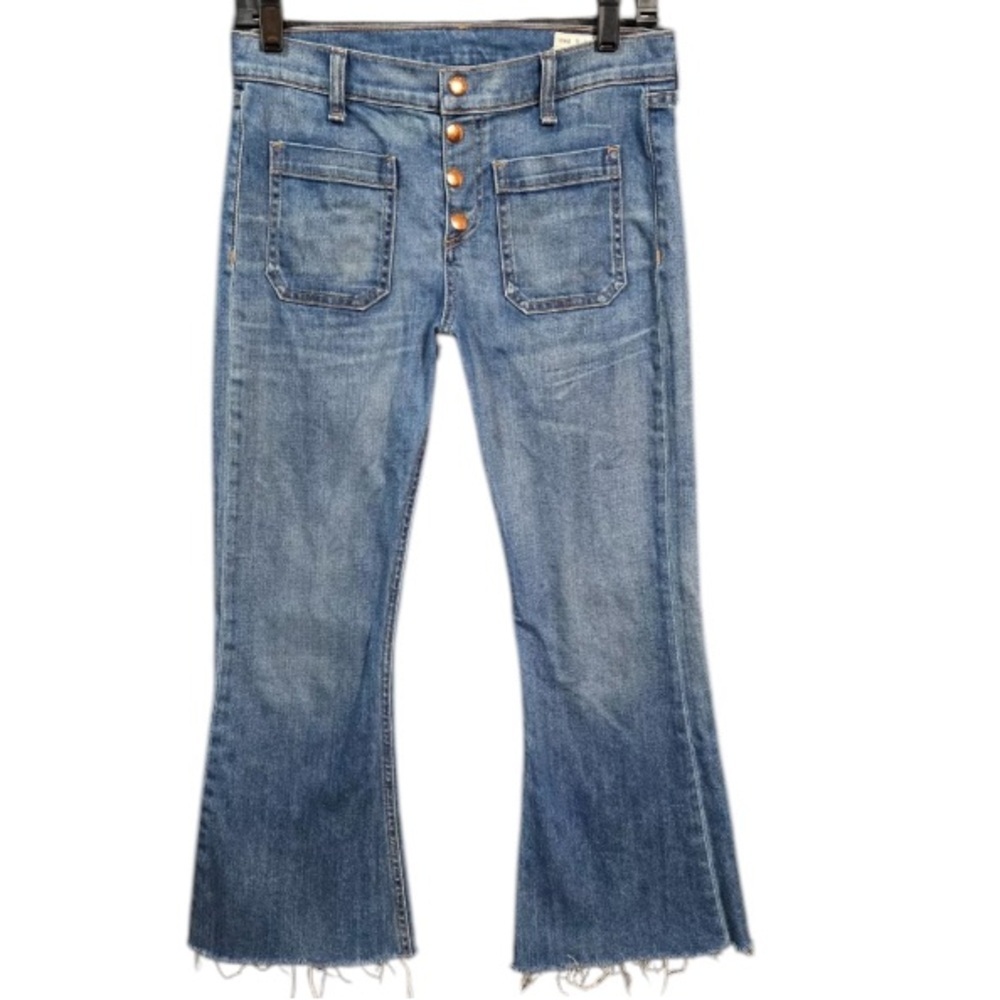 Rag & Bone Crop Wide Leg Flare Jeans Button Fly Raw Hem Patch Pockets Womens 29